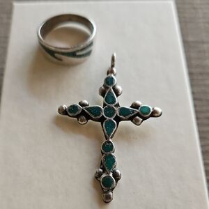 Vintage Turquoise and Silver Pendant Cross and Ring